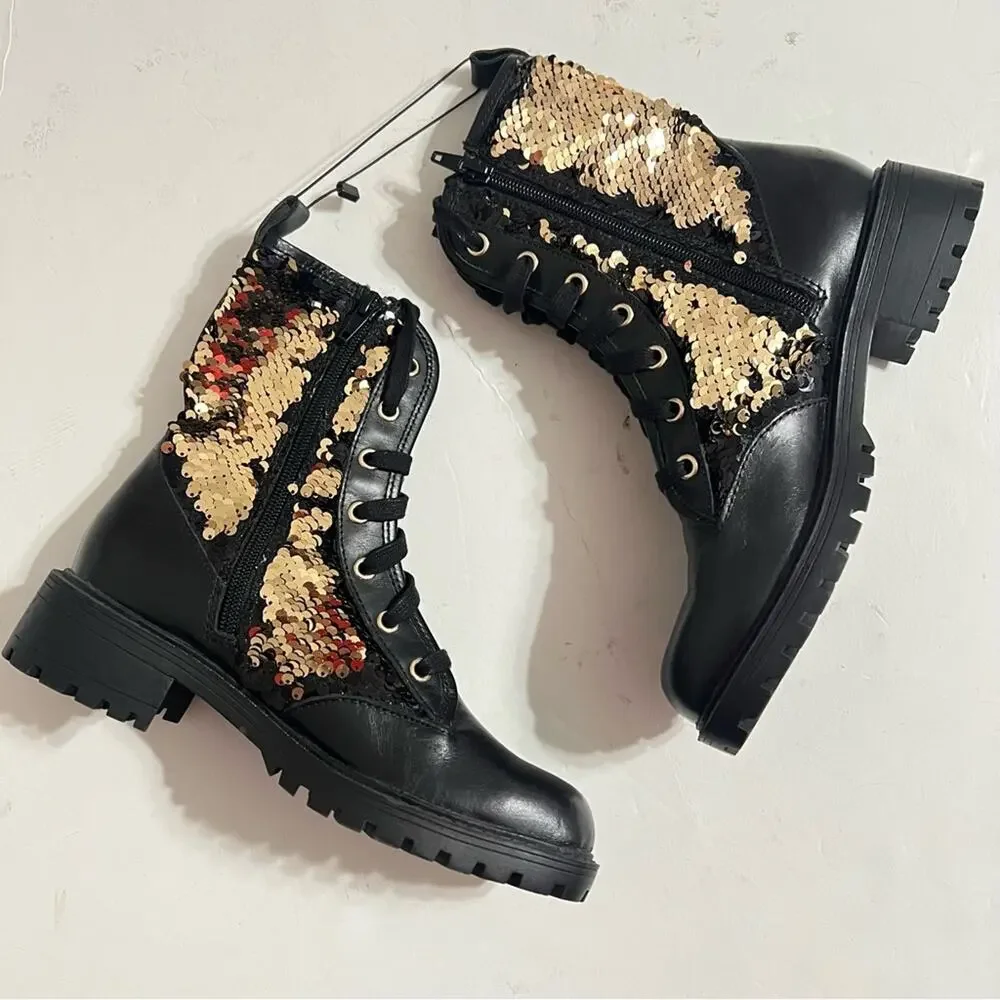 Zara Black Leather Sequined Lace Up Boots Size 6 US